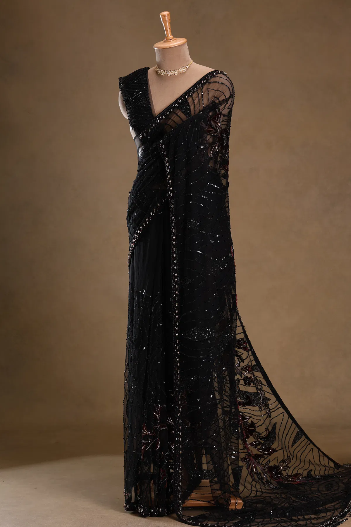 Black bead embroidered designer saree